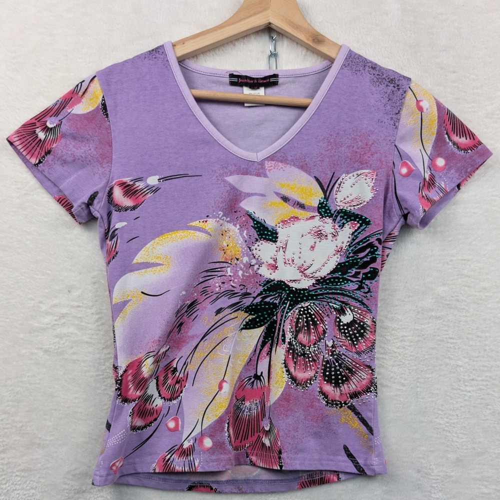 VTG Jennifer & Grace T-Shirt Women's Small Purple V-Neck Floral Rhinestone Y2K